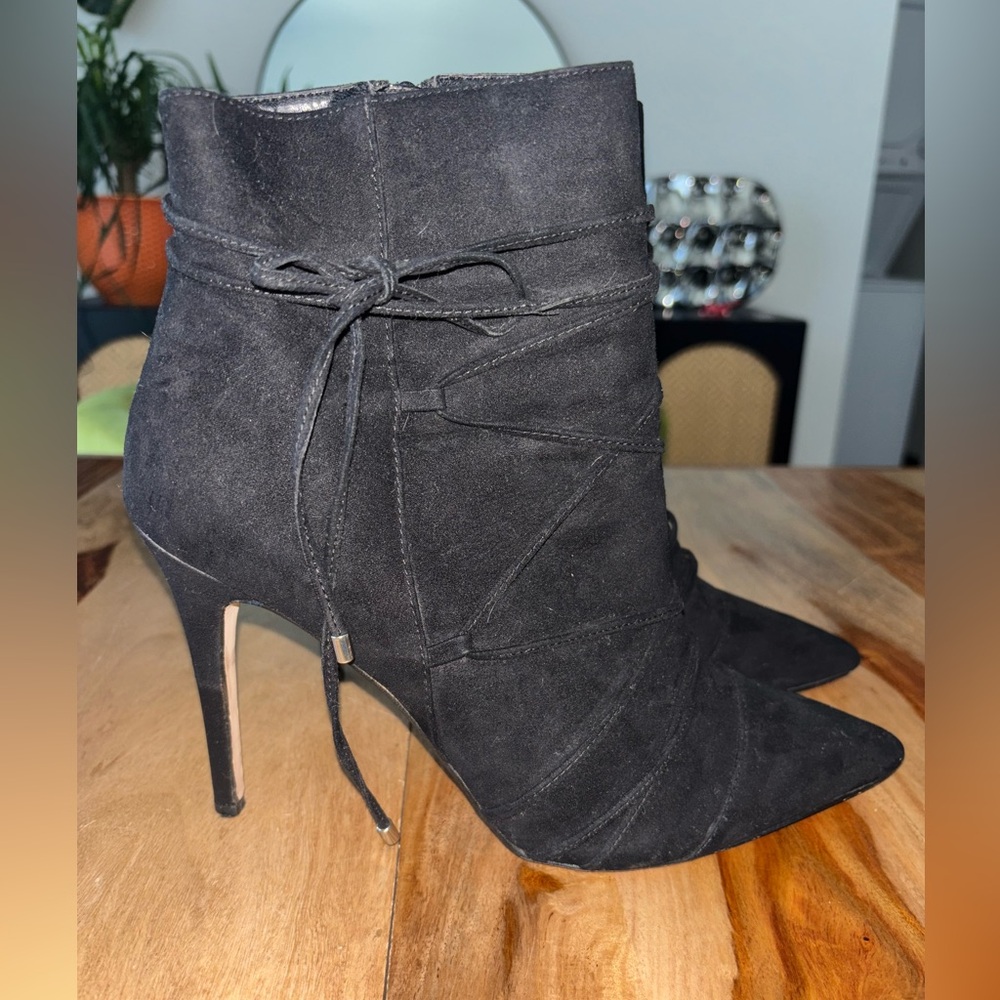Aldo Black Suede Ankle Booties Side Zip with Tie Lace